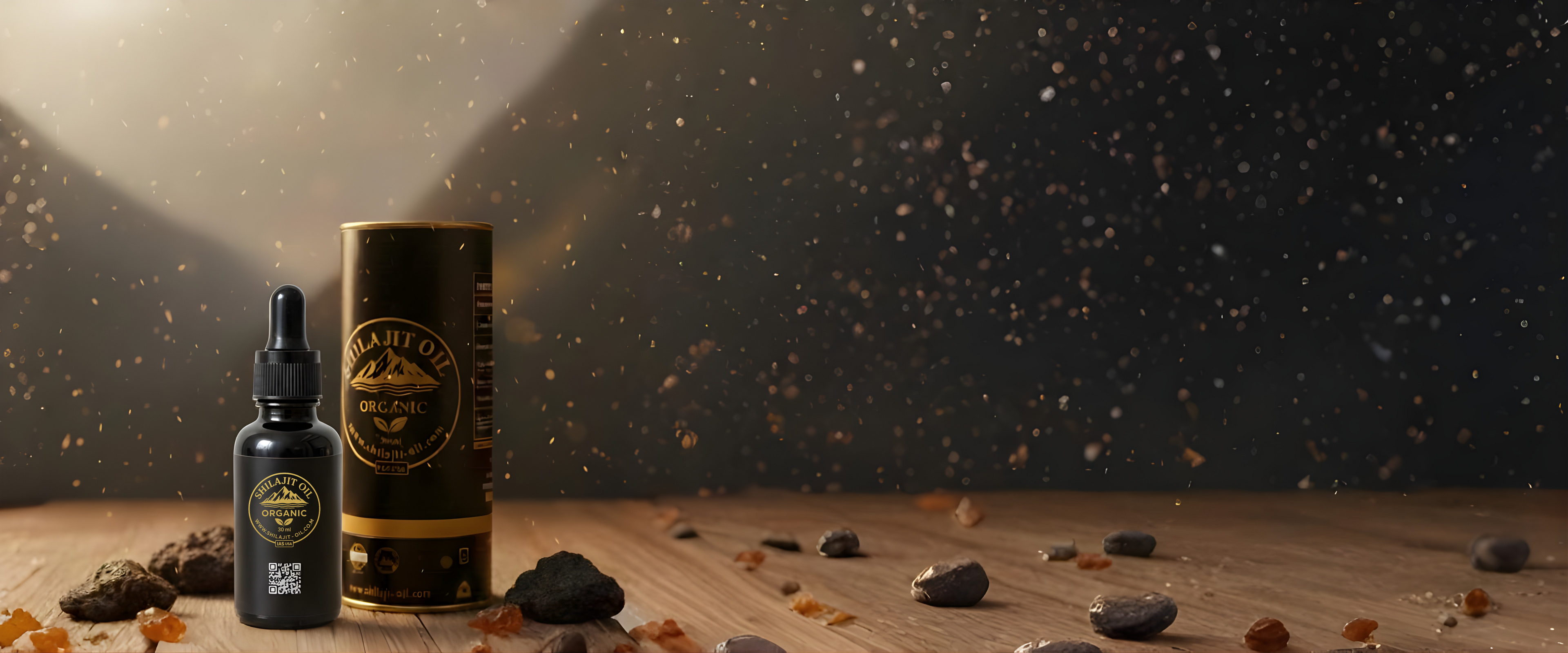 Two black bottles with labels on a wooden surface with rocks and a dark background